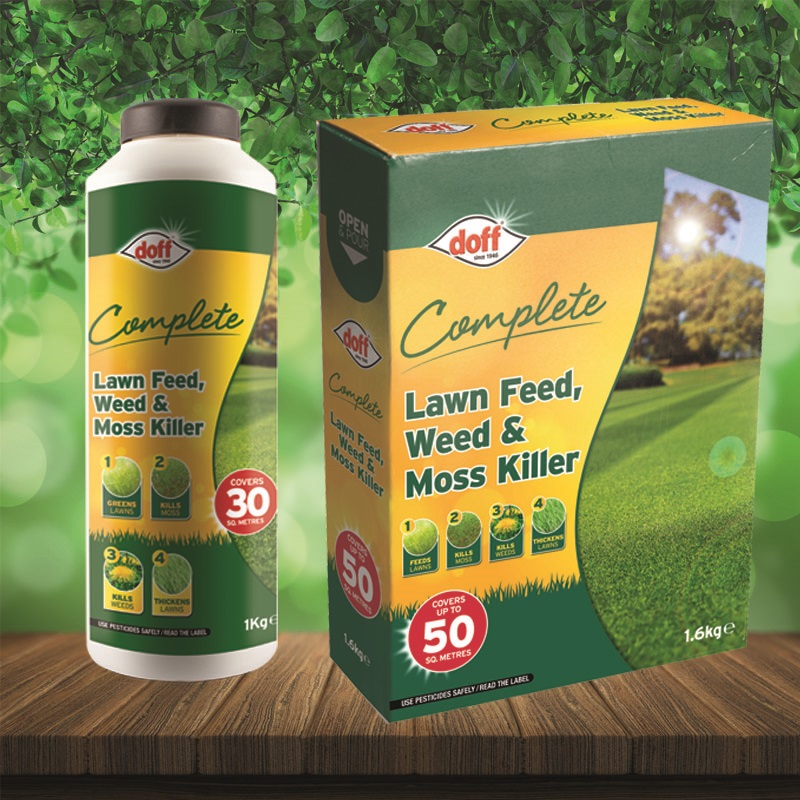 Doff Complete Lawn Feed, Weed and Moss Killer packaging with bottle and box on a wooden surface.