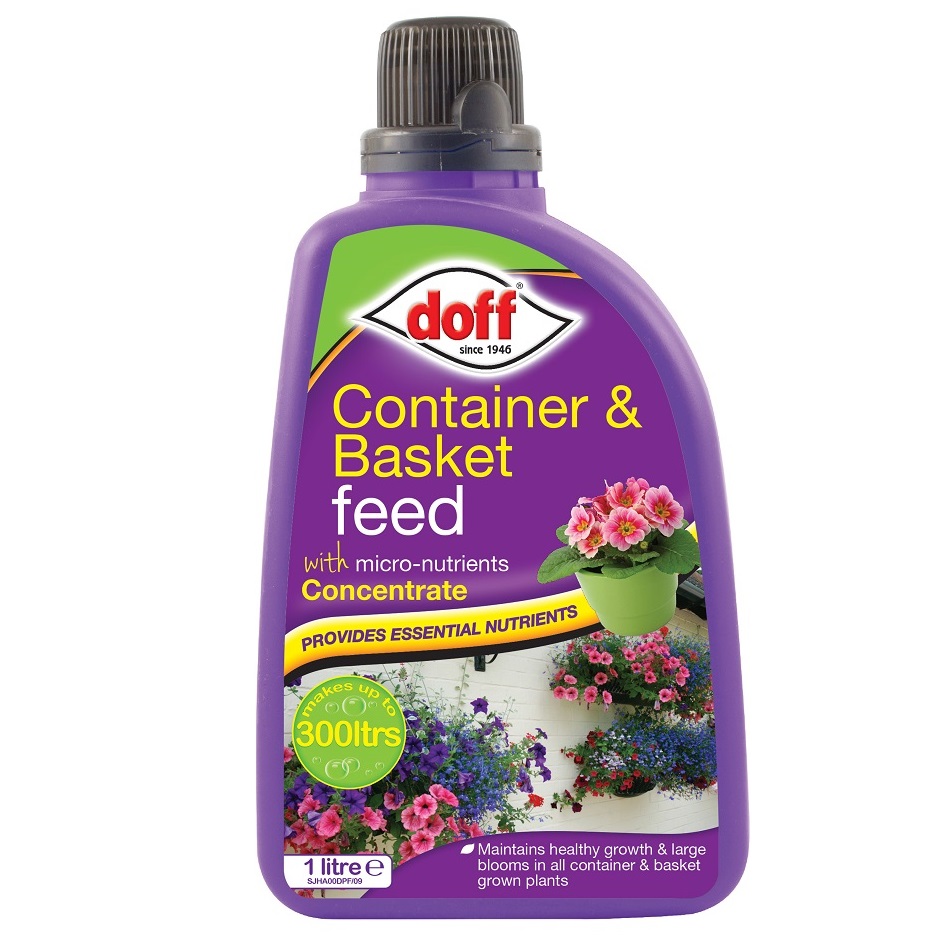 Doff Container and Basket Plant Food 1L bottle with label showing flowers and information about nutrients.