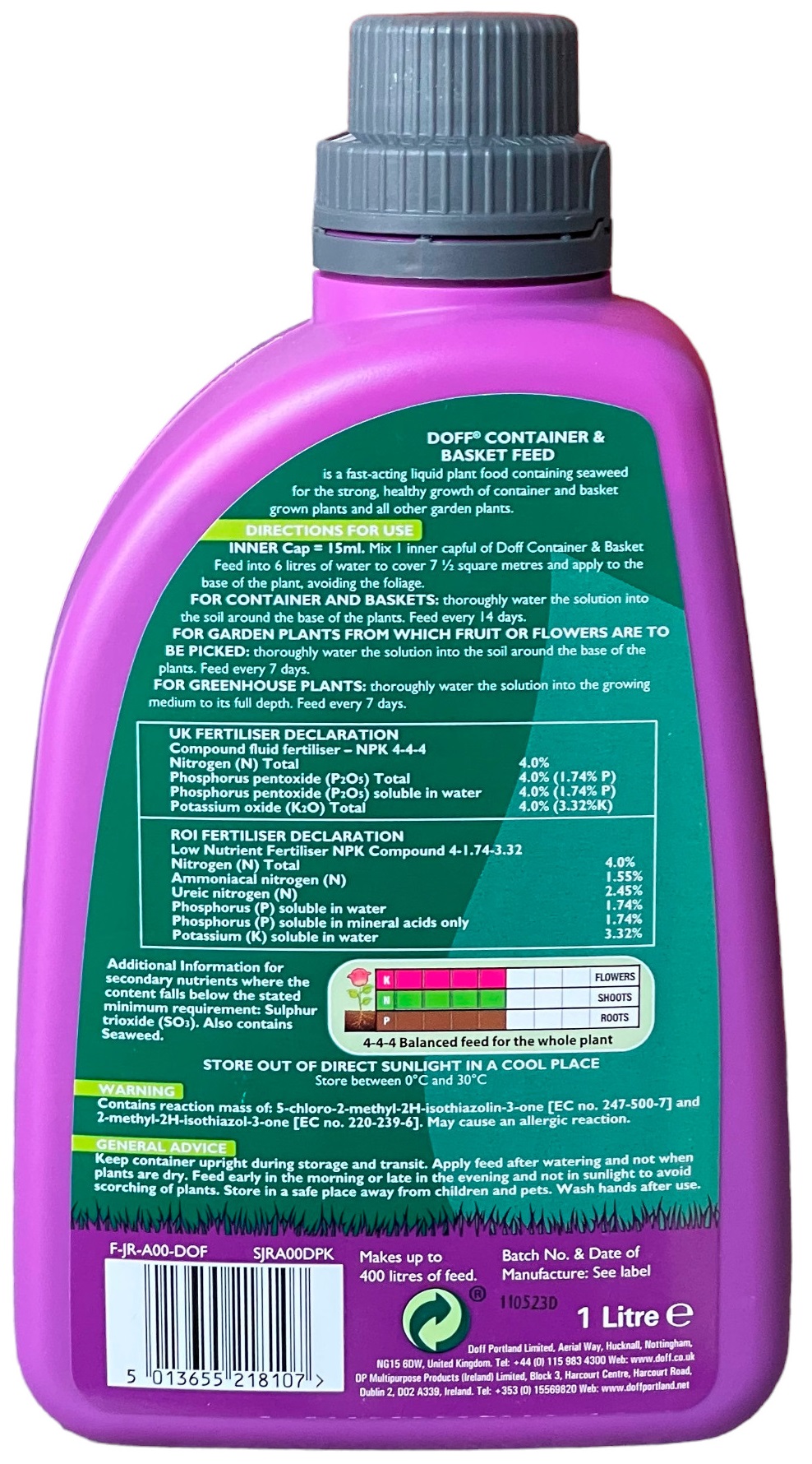 Back label of Doff Container and Basket Feed Liquid Concentrate Plant Food 1 Litre showing product information and instructions.