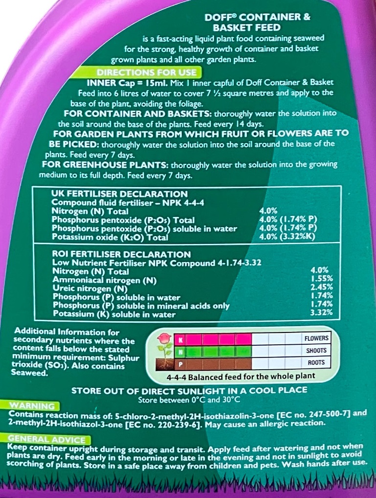Back label of Doff Container and Basket Feed Liquid Concentrate Plant Food showing usage instructions and fertiliser composition.