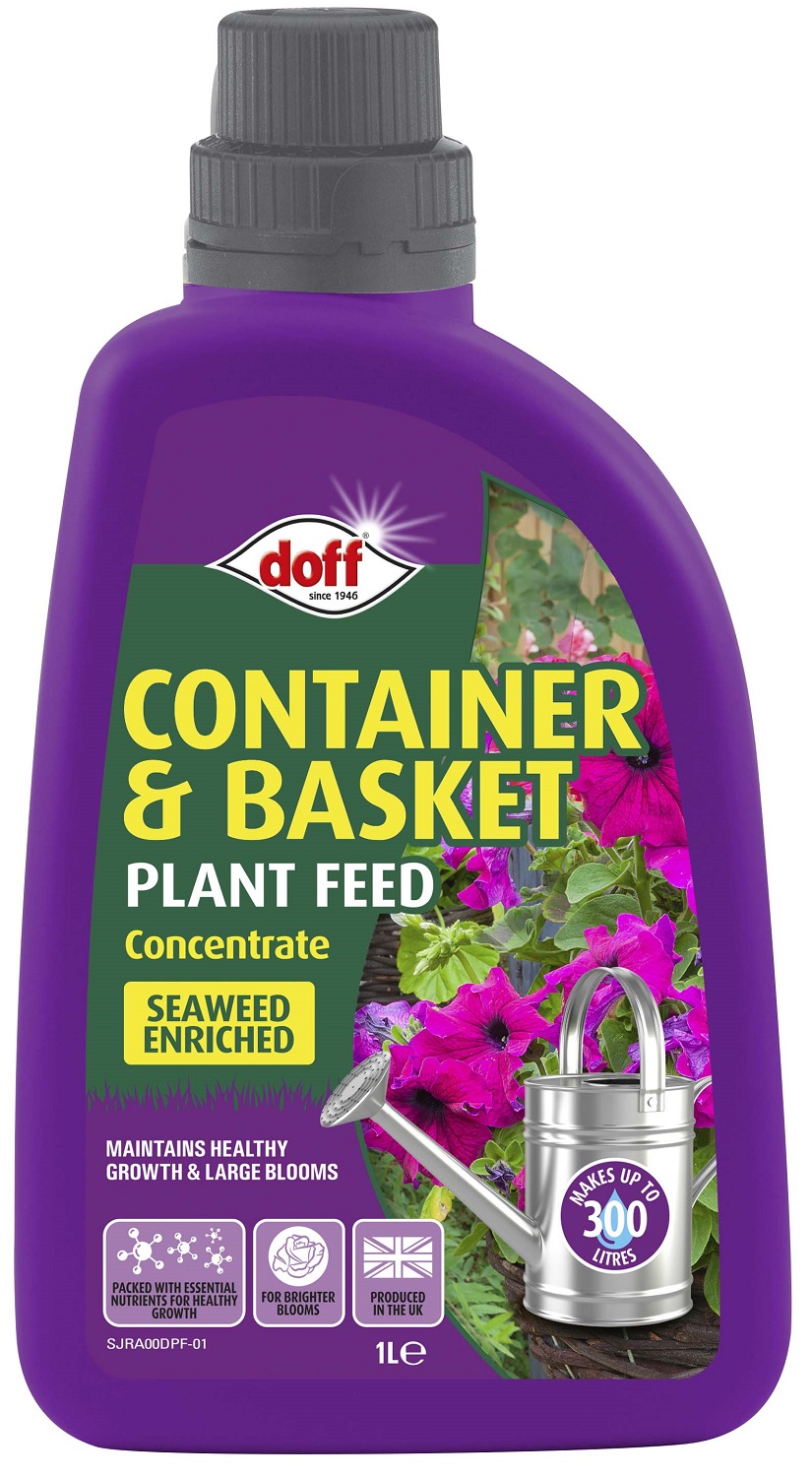 Doff Container and Basket Feed Liquid Concentrate Plant Food 1 Litre bottle with purple label, featuring images of vibrant flowers and a watering can.