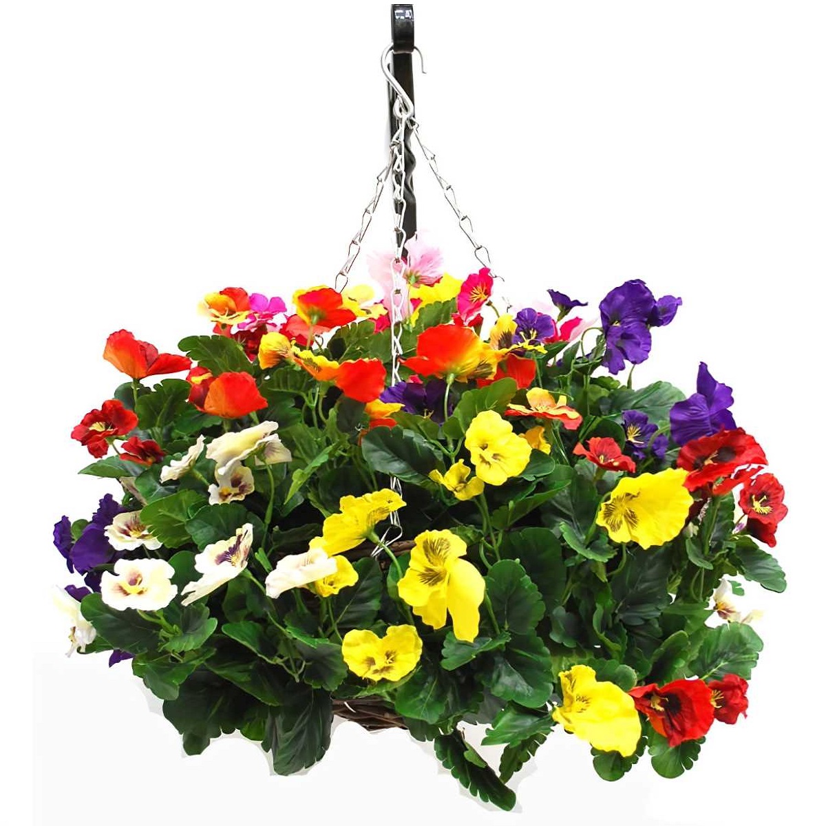 Colourful hanging basket with a variety of vibrant flowers.