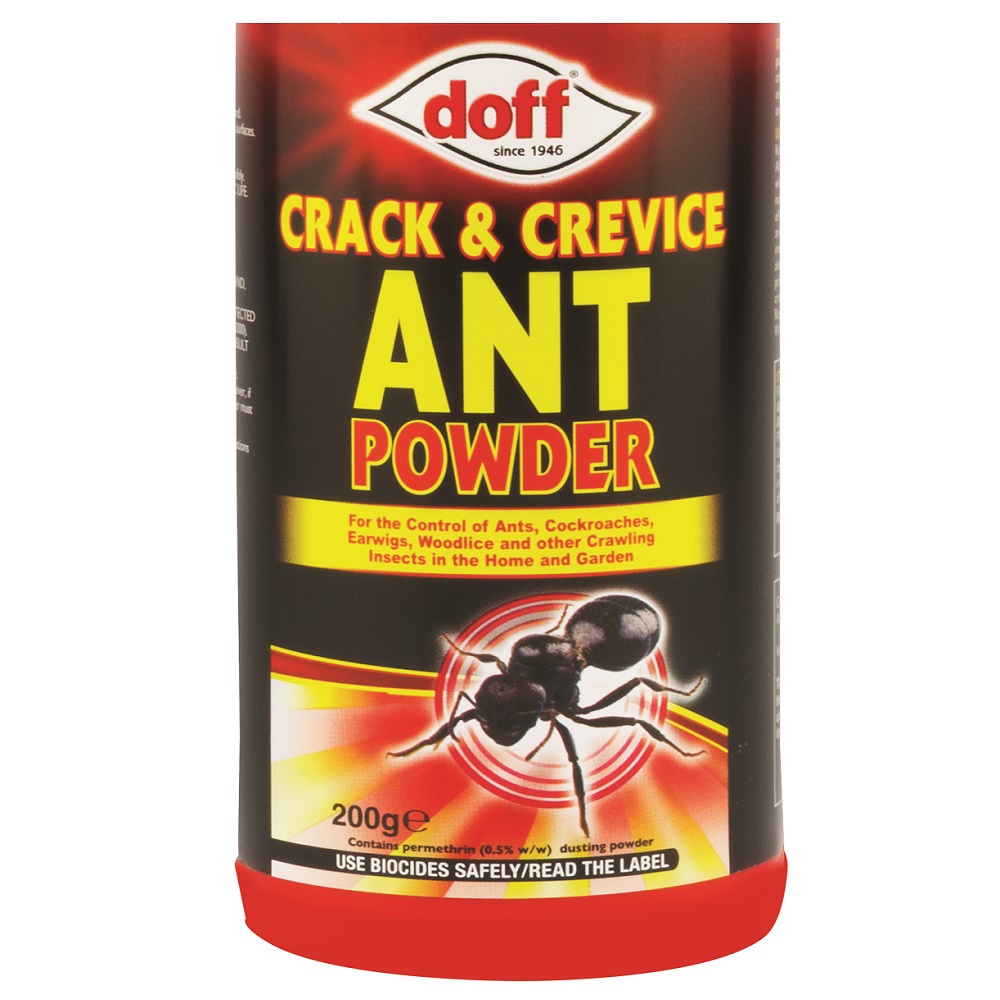 Doff Crack and Crevice Ant Powder 200g container with red and black design, featuring an an ant.