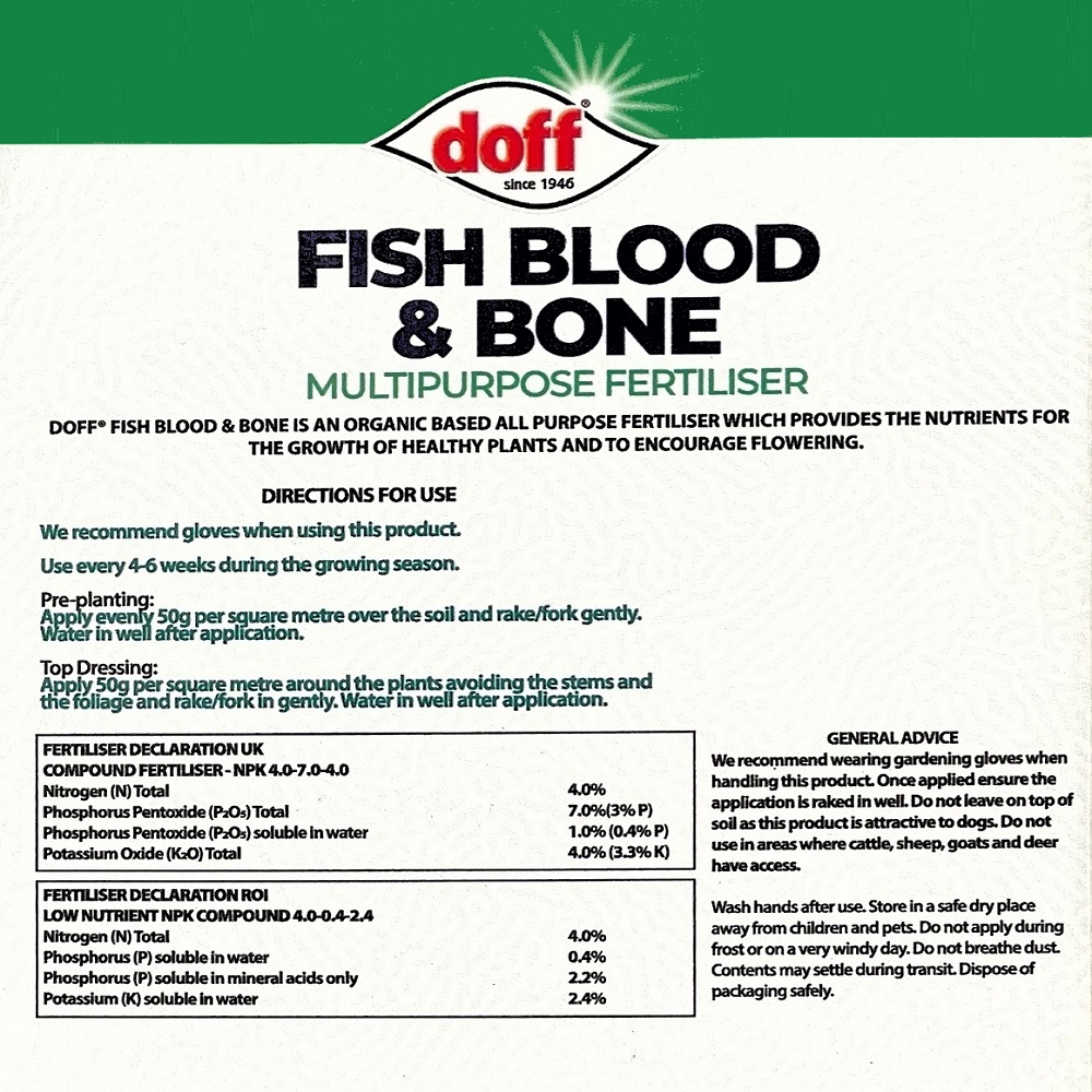 Doff Fish Blood & Bone Multipurpose Fertiliser packaging with usage instructions and nutrient information.