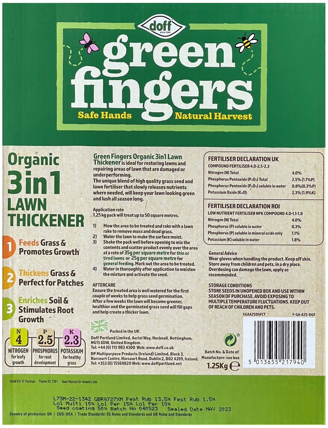 Doff Green Finger 3-in-1 Lawn Feed, Seed and Thickener 1.25kg packaging displaying product information and usage instructions.