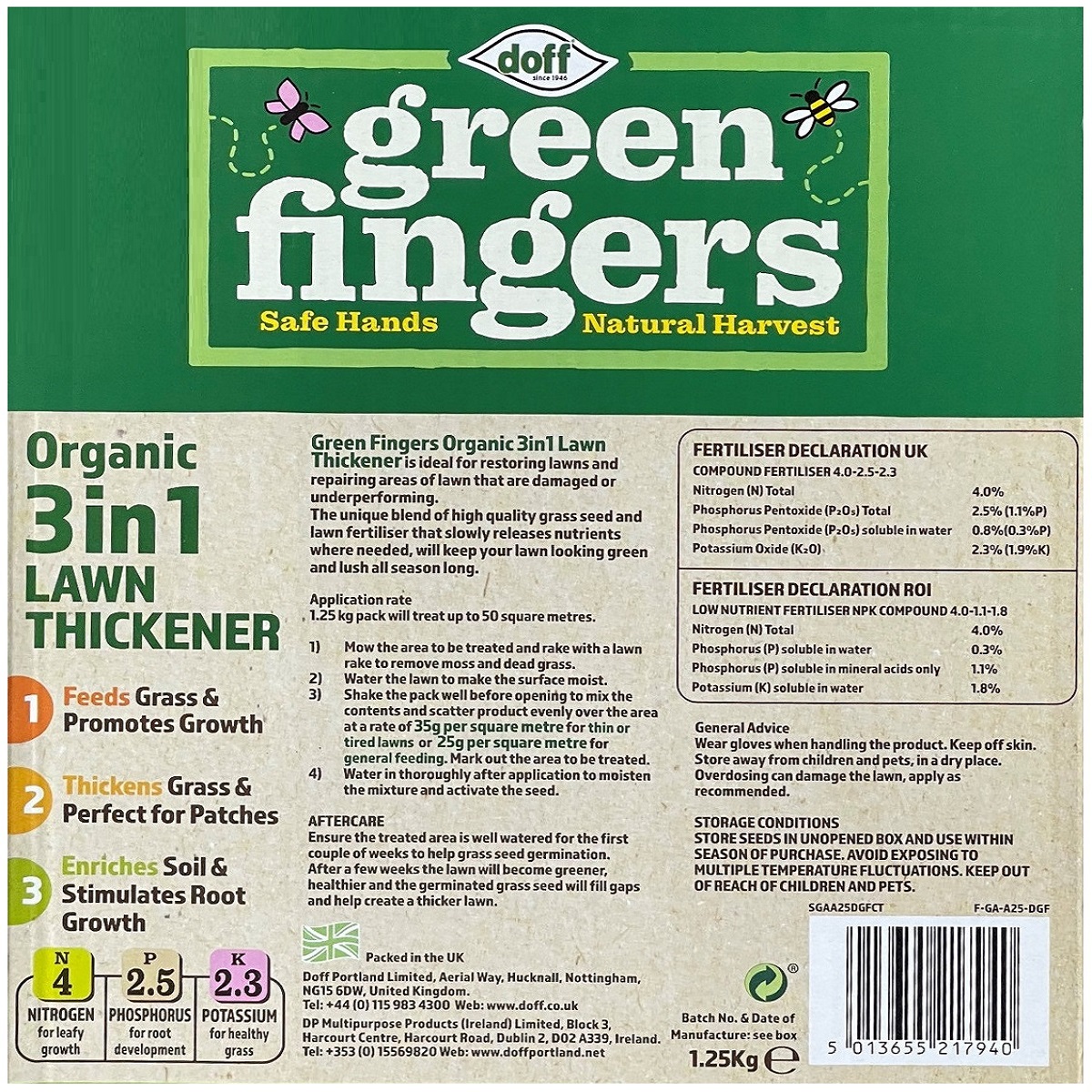 Doff Green Finger 3-in-1 Lawn Feed, Seed and Thickener packaging showing product details and usage instructions.