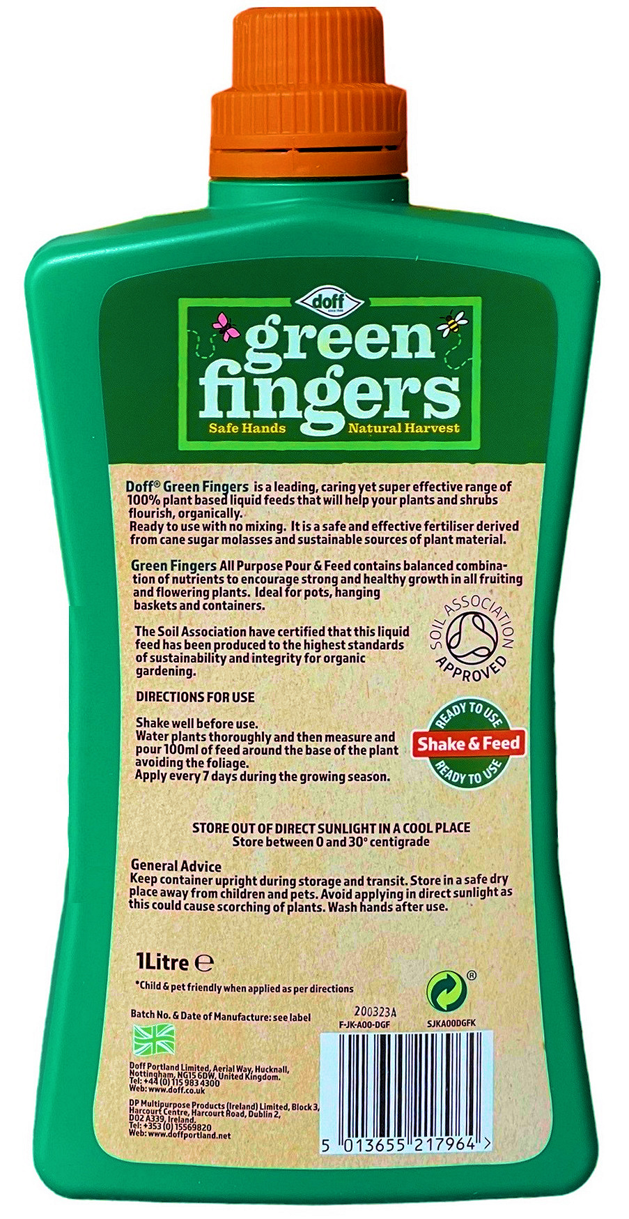 Doff Green Fingers All-Purpose Pour and Feed Plant Food 1 Litre bottle with label details.