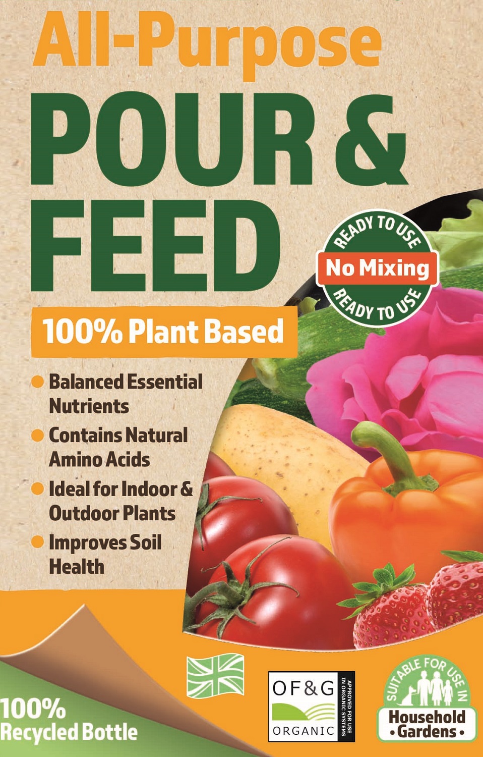 Doff Green Fingers All-Purpose Pour and Feed Plant Food 1 Litre bottle with images of vegetables and fruits, highlighting its plant-based formula and benefits for soil health.