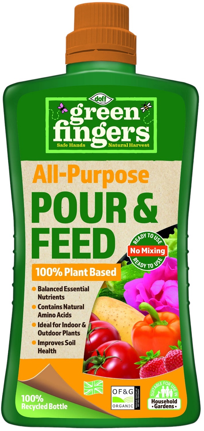 Doff Green Fingers All-Purpose Pour and Feed Plant Food 1 Litre bottle with green cap, featuring images of tomatoes, strawberries, and flowers.