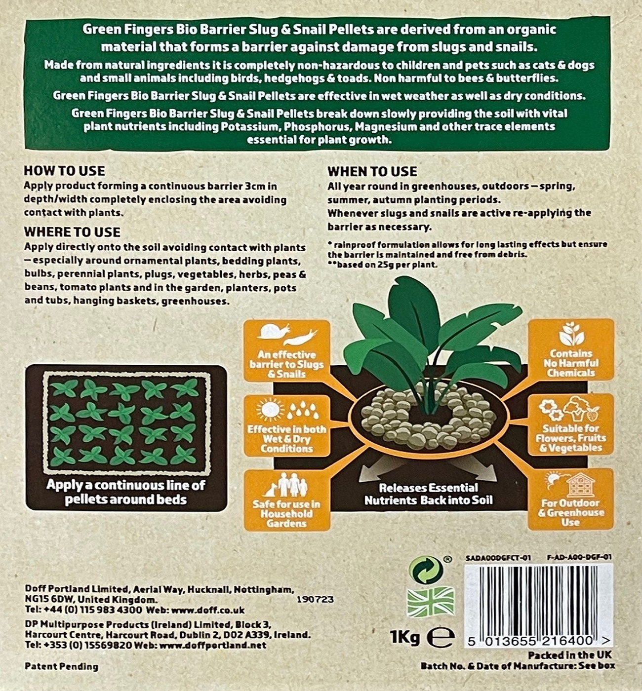 Packaging of Doff Green Fingers Bio Barrier Slug and Snail Protection Pellets with usage instructions and benefits.