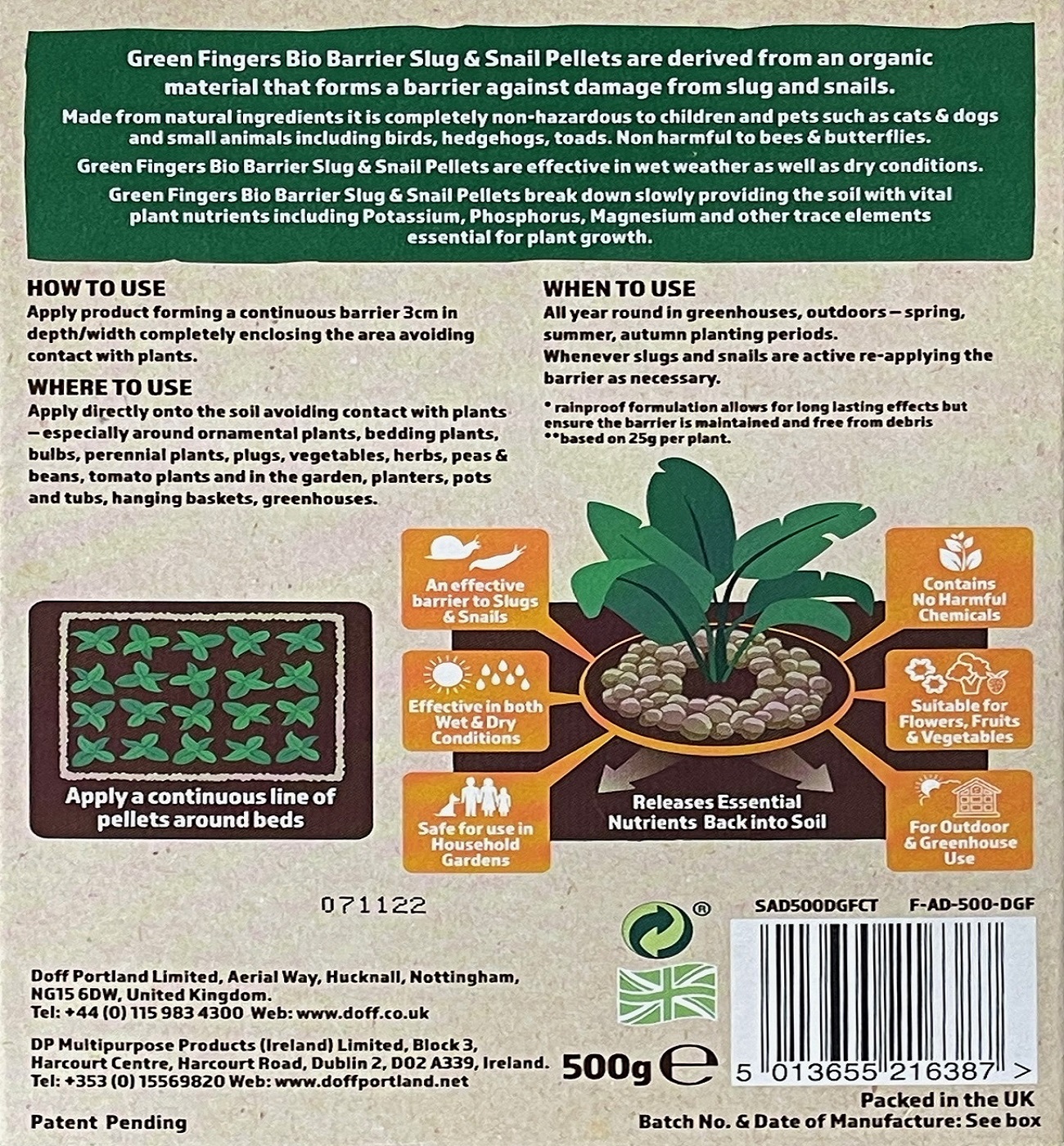 Packaging of Doff Green Fingers Bio Barrier Slug and Snail Protection Pellets 500g, showing usage instructions and benefits.