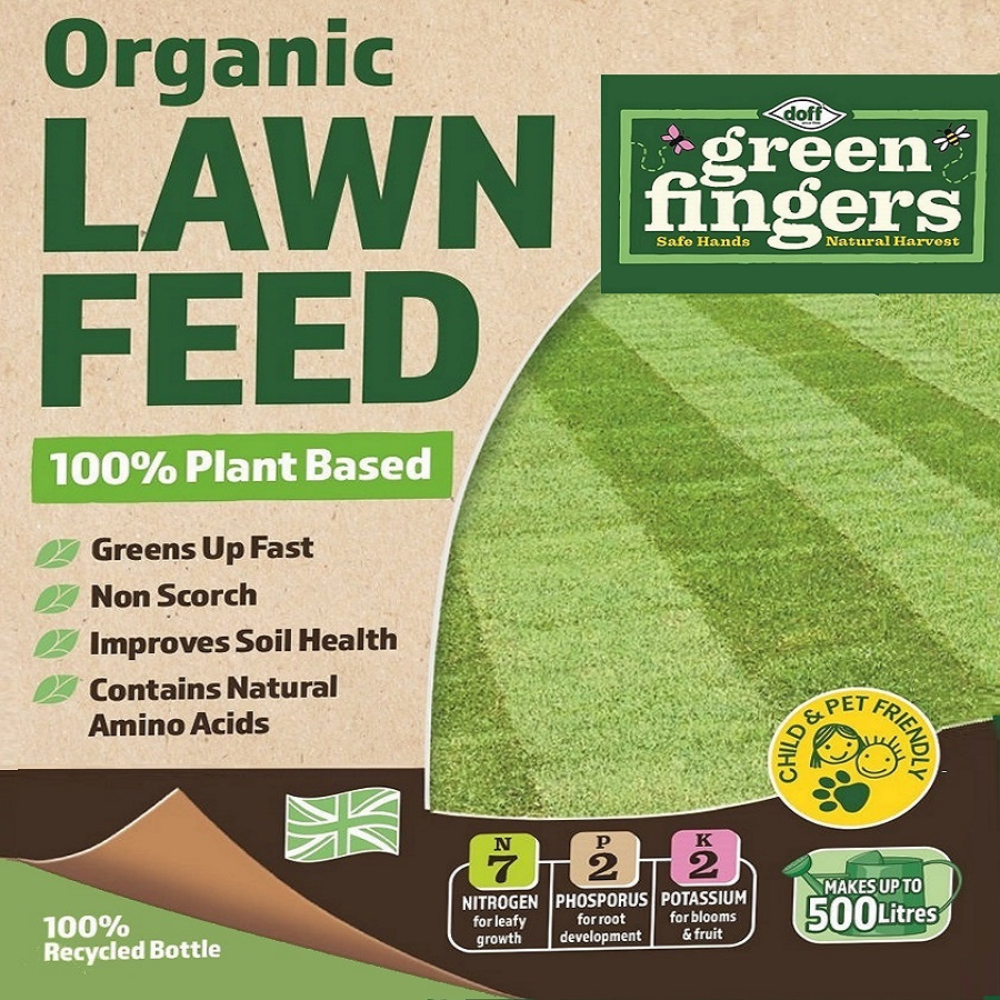Doff Green Fingers Liquid Lawn Feed Concentrate 900ml packaging showing organic, plant-based features and benefits for lawn care.