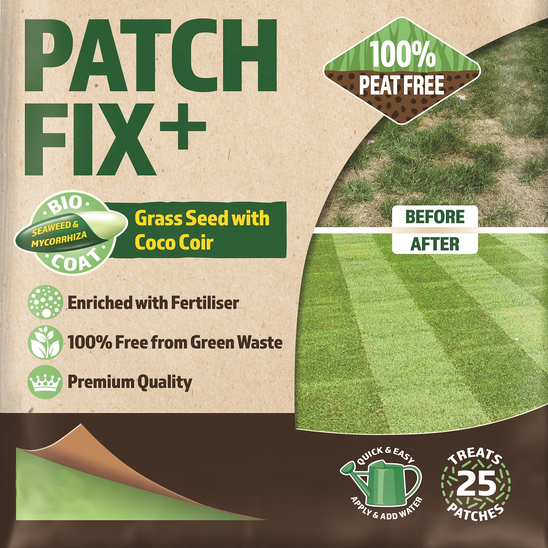 Doff Green Fingers Patch Fix Plus Grass Seed Feed with Coco Coir 800g packaging, showing before and after lawn patch repair results.