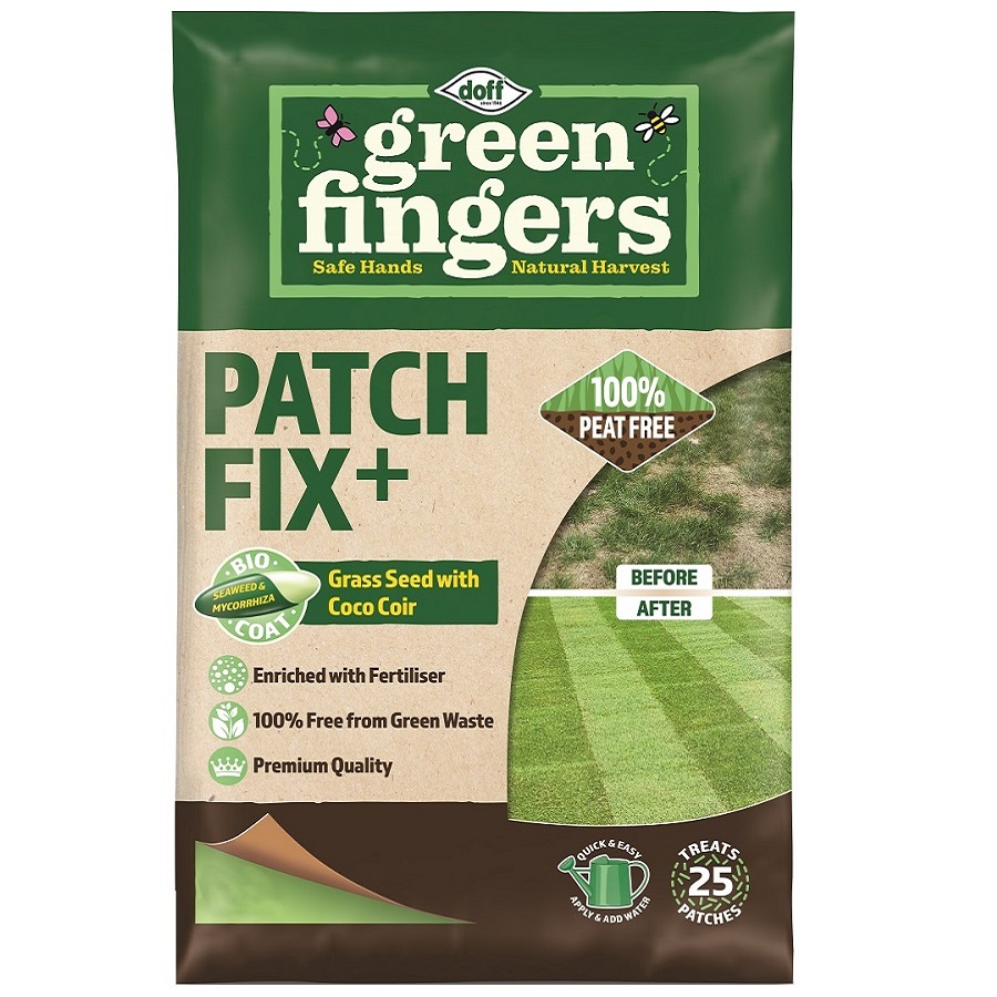 Doff Green Fingers Patch Fix Plus Grass Seed Feed with Coco Coir 800g packaging showing before and after lawn patches.