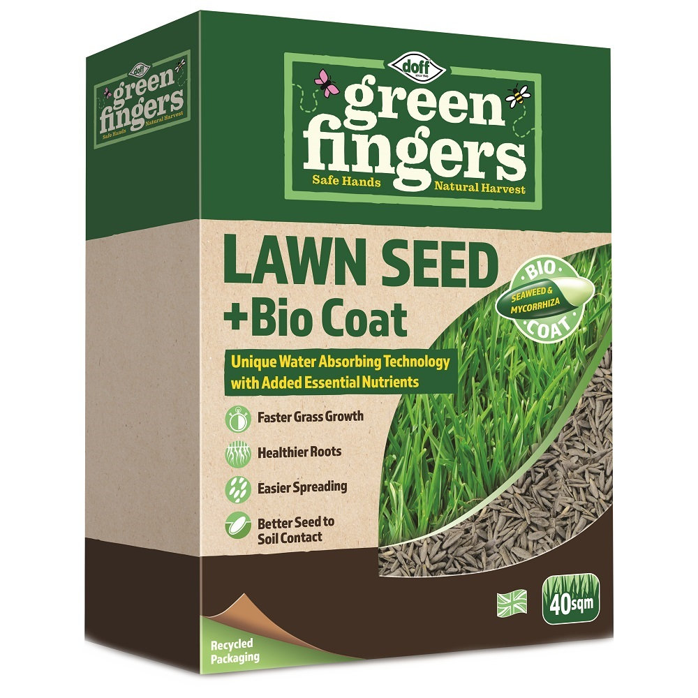 Box of Doff Green Fingers Lawn Seed with Bio Coat, featuring water absorbing technology and essential nutrients for faster grass growth.