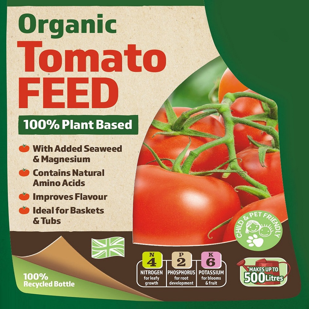 Organic tomato feed packaging with images of ripe tomatoes and product benefits listed.