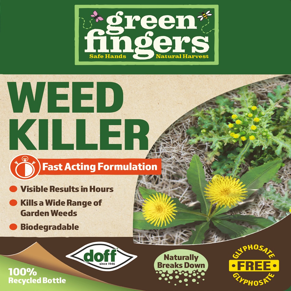 Doff Green Fingers Weed Killer Trigger Spray packaging, highlighting its fast-acting formulation and biodegradable nature.