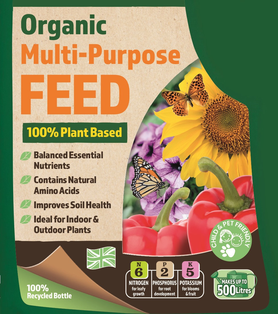 Doff Green Fingers Organic Multi-Purpose Plant Feed 900ml bottle with labels showing plant-based ingredients, nitrogen, phosphorus, potassium content, and child and pet friendly.