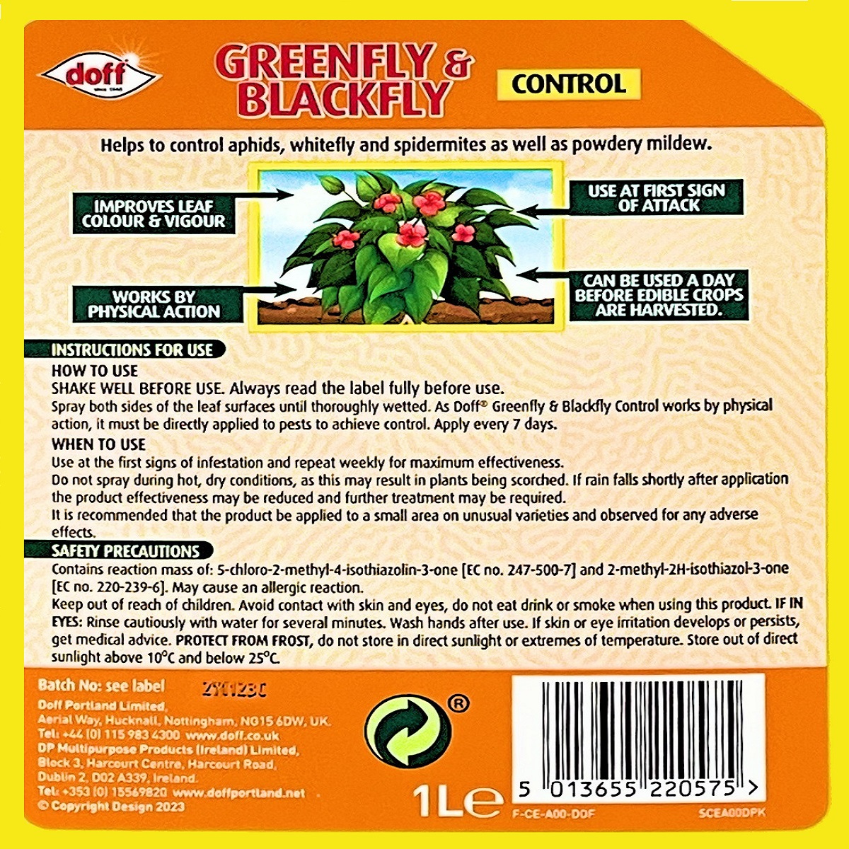 Label of Doff Greenfly and Blackfly Control Spray for Plants 1 Litre, showing usage instructions and safety precautions.