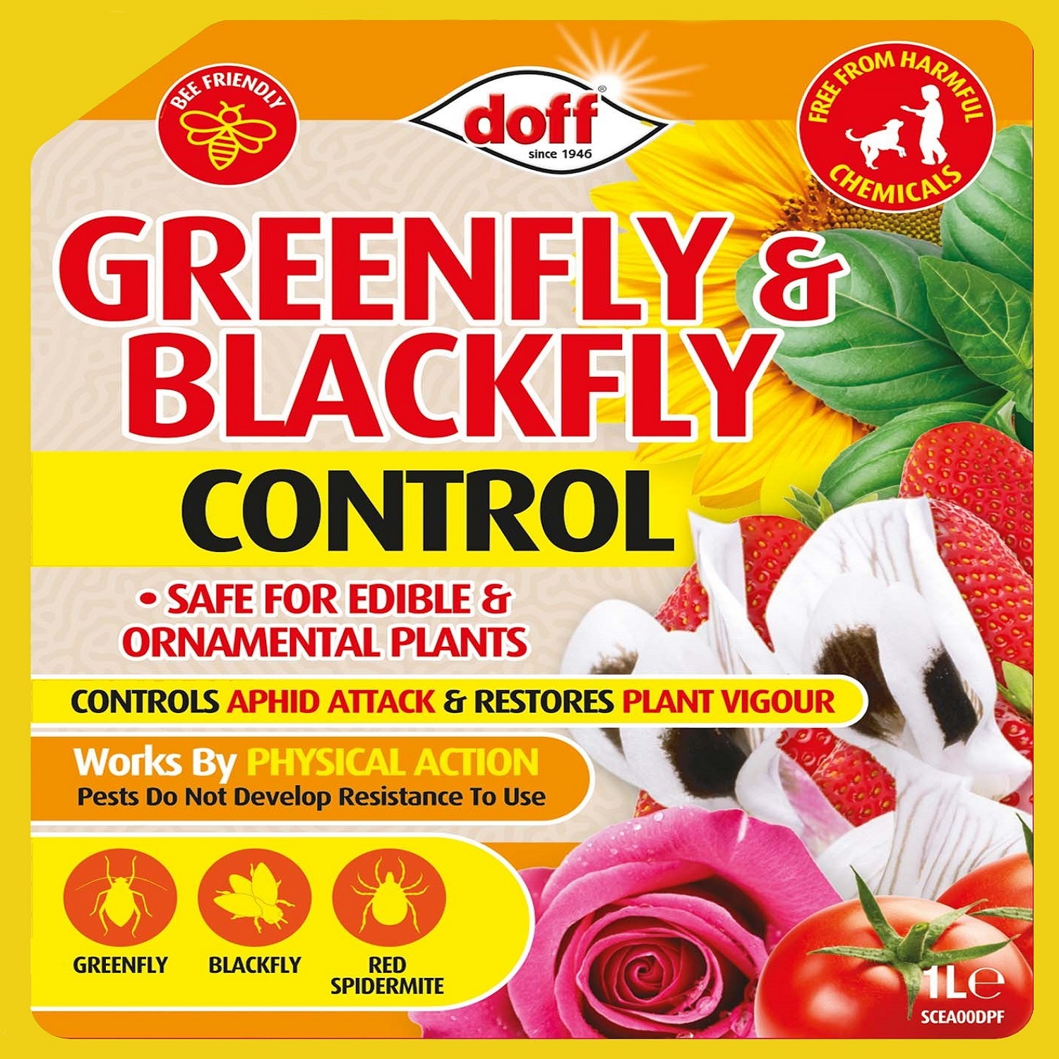 Doff Greenfly and Blackfly Control Spray label featuring images of plants and insects.