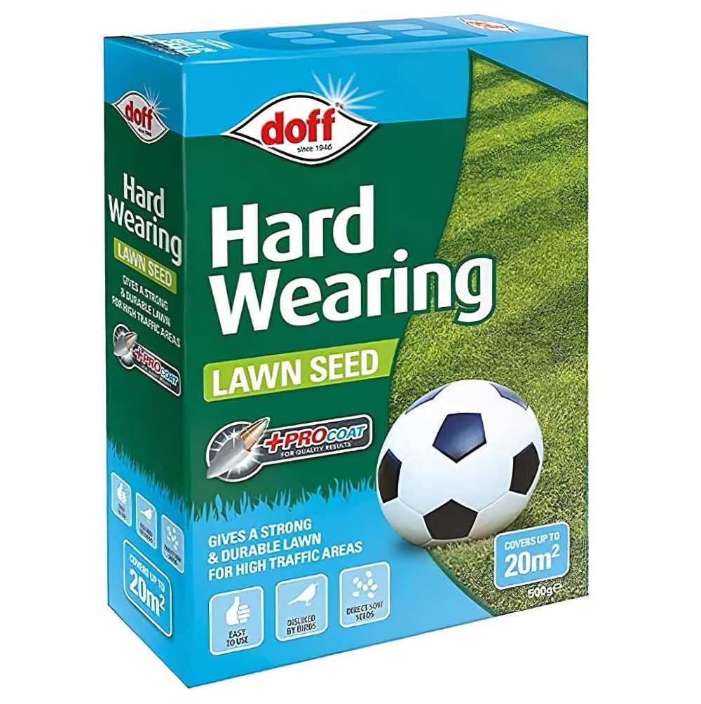 Box of Doff Hard Wearing Lawn Grass Seed with a football on grass background.