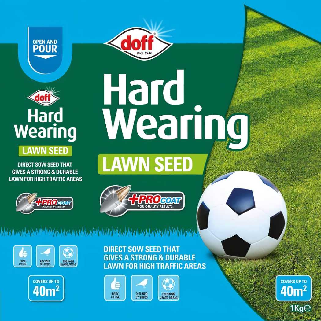 Doff Hard Wearing Lawn Seed packaging with Procoat for high traffic areas, featuring a football on grass.