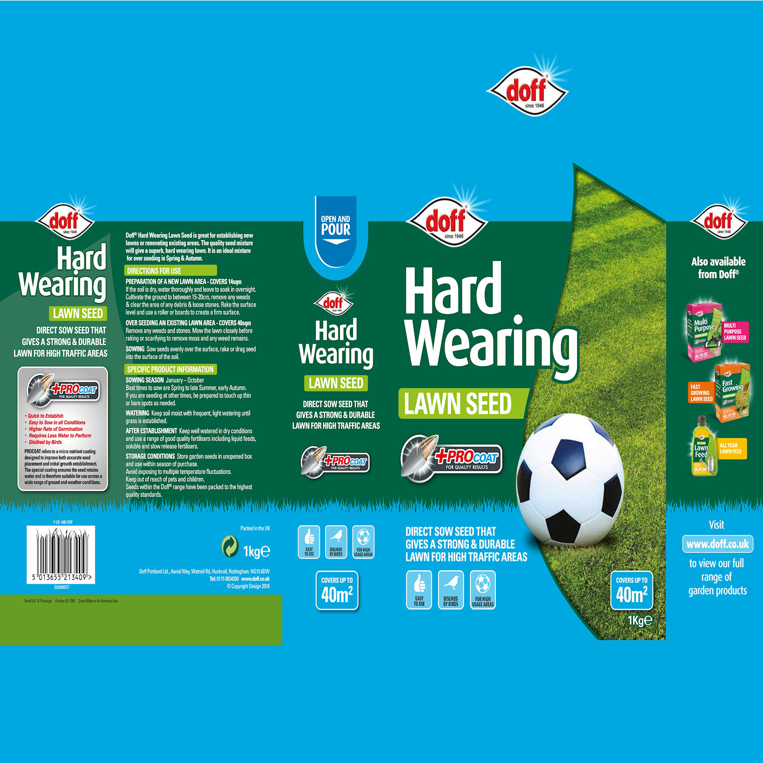 Packaging of Doff Hard Wearing Lawn Seed Procoat for High Traffic Areas, featuring a football on grass.