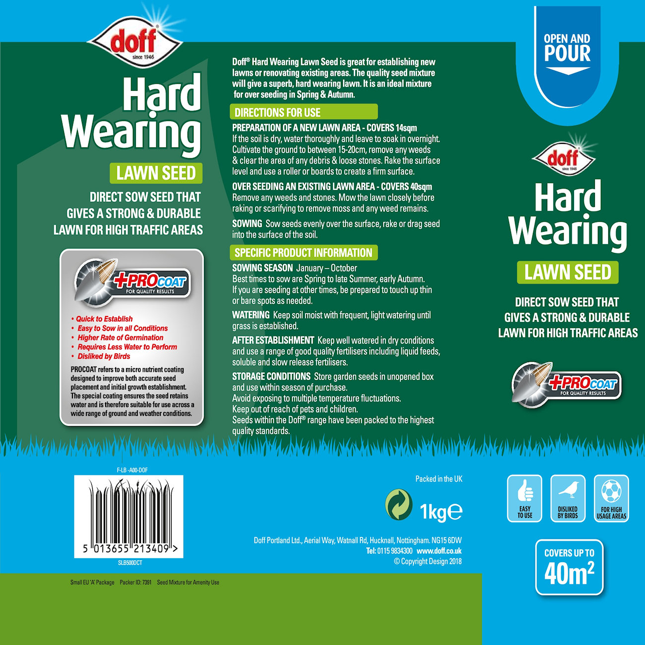 Doff Hard Wearing Lawn Seed packaging with instructions and benefits for high traffic areas.