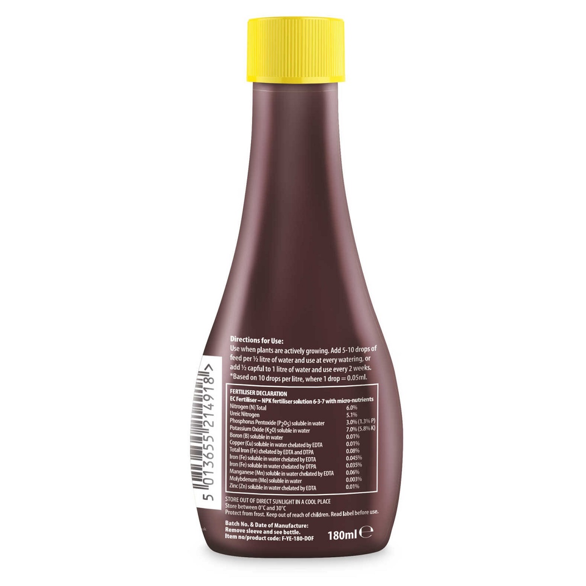 Back view of a brown bottle with a yellow cap, showing the label and directions for use of Doff House Plant Concentrated Liquid Feed.