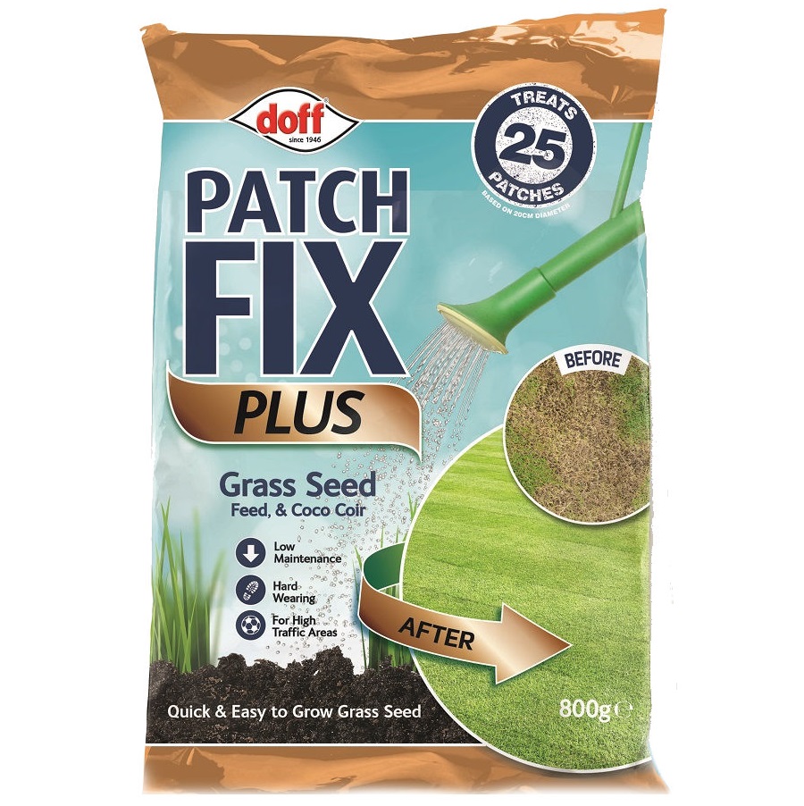 Doff Patch Fix Plus packaging showing grass seed and coco coir for lawn repairs with before and after images.