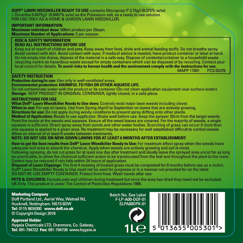 Back label of Doff Lawn Weedkiller 1L Ready-to-Use Spray showing instructions and safety information.