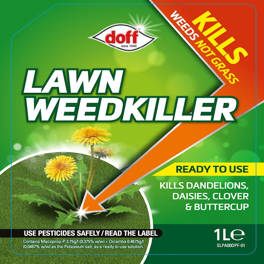 Doff Lawn Weedkiller 1L spray bottle with label showing it kills weeds not grass, ready to use.