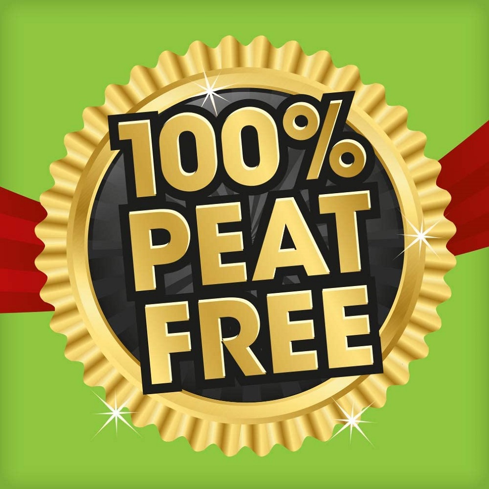 Gold badge with the text 100% Peat Free on a green background.