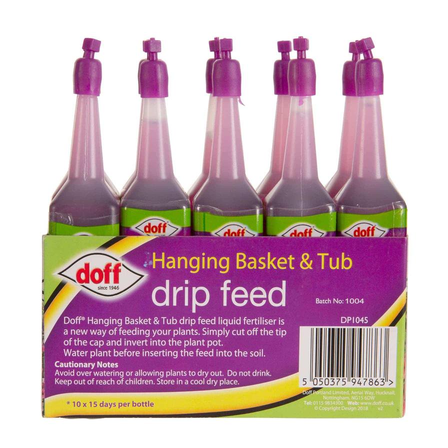 Doff Hanging Basket and Tub Drip Feeders packaging showing five purple liquid bottles.