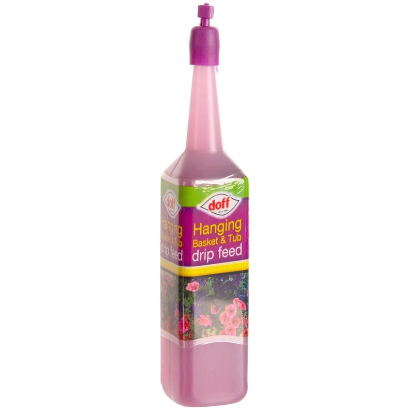Doff Hanging Basket and Tub Drip Feeder bottle with purple liquid and floral label