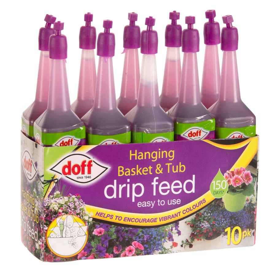 A pack of Doff Hanging Basket and Tub Drip Feeders, featuring 10 bottles designed for 150-day plant feeding.