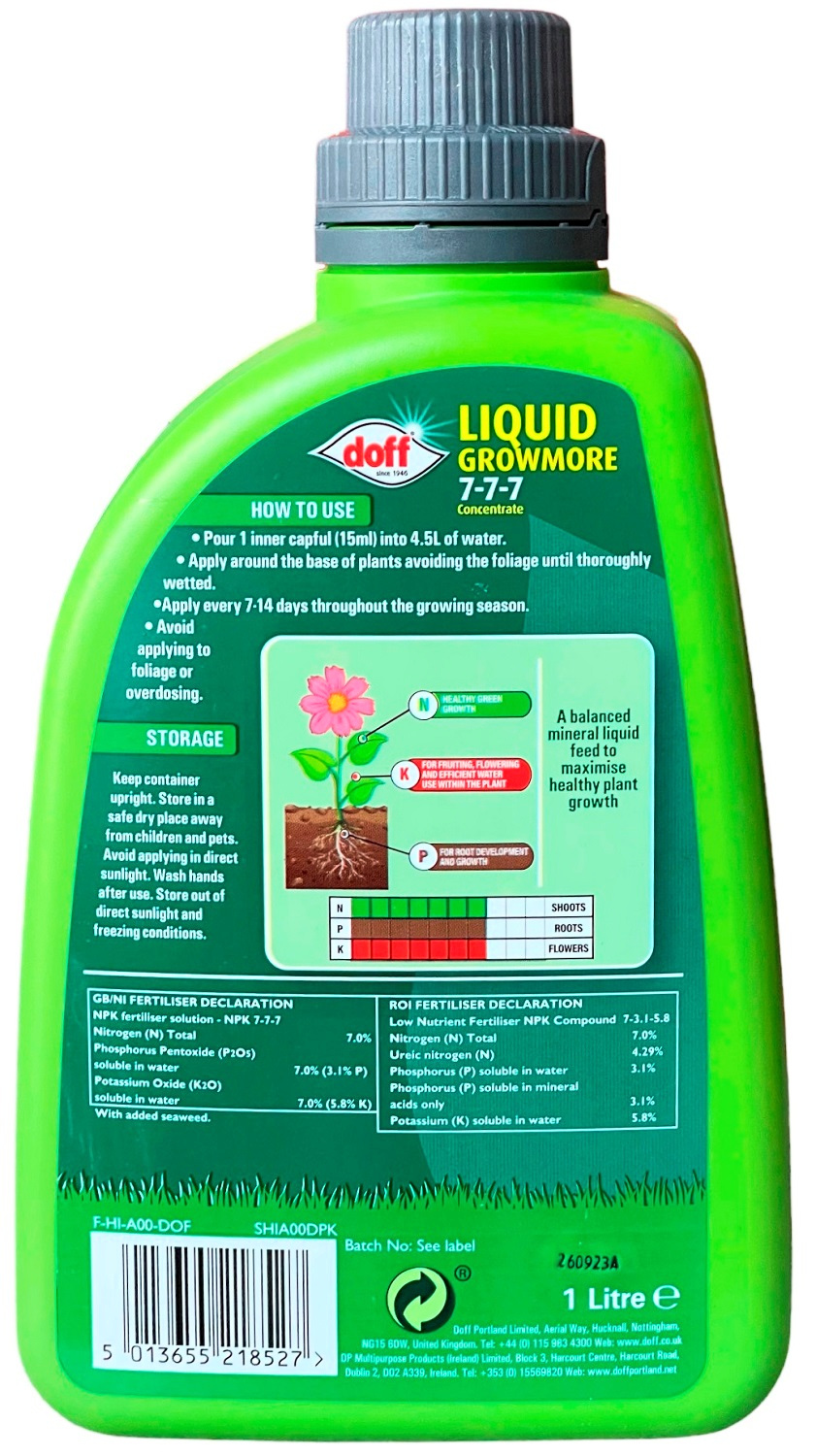 Green bottle of Doff Liquid Growmore 7-7-7 Concentrate with usage instructions and nutrient information on the label.