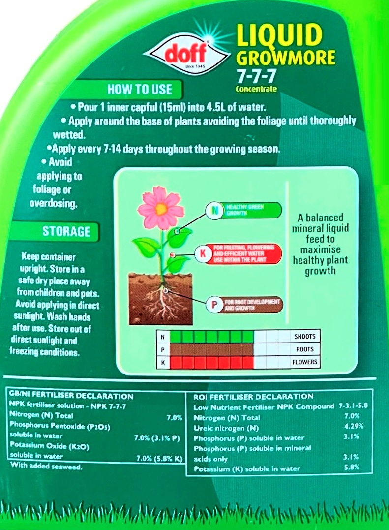 Packaging of Doff Liquid Growmore 7-7-7 Concentrate, showing instructions and nutrient information.
