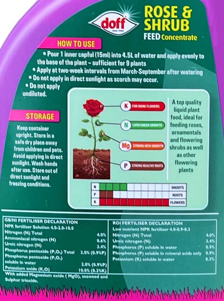 Doff Liquid Rose Plant and Shrub Feed Concentrate bottle label showing usage instructions, storage advice, and fertiliser declaration.