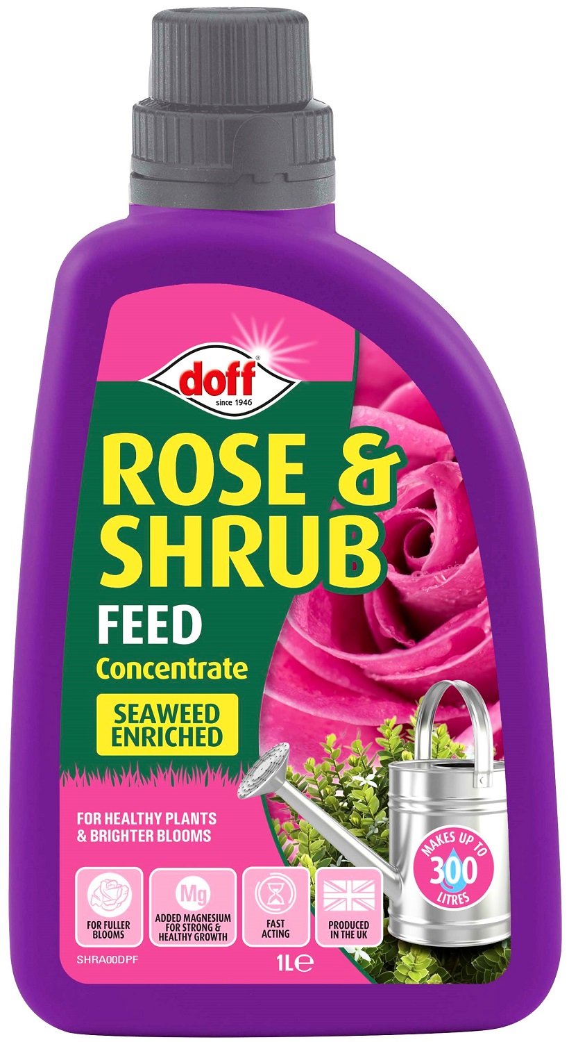 Doff Liquid Rose Plant and Shrub Feed Concentrate bottle with purple cap and colourful label featuring rose imagery and product details.