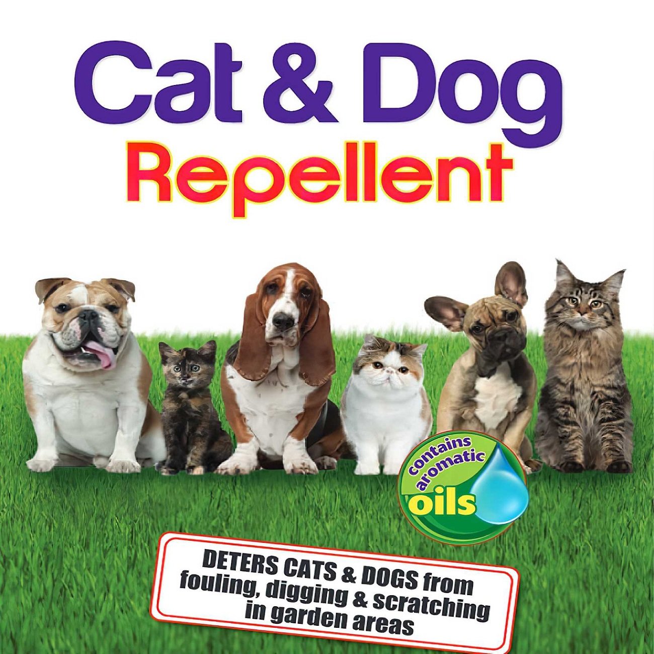 Showing a group of cats and dogs sitting on grass with text highlighting the deterrent properties for garden areas.