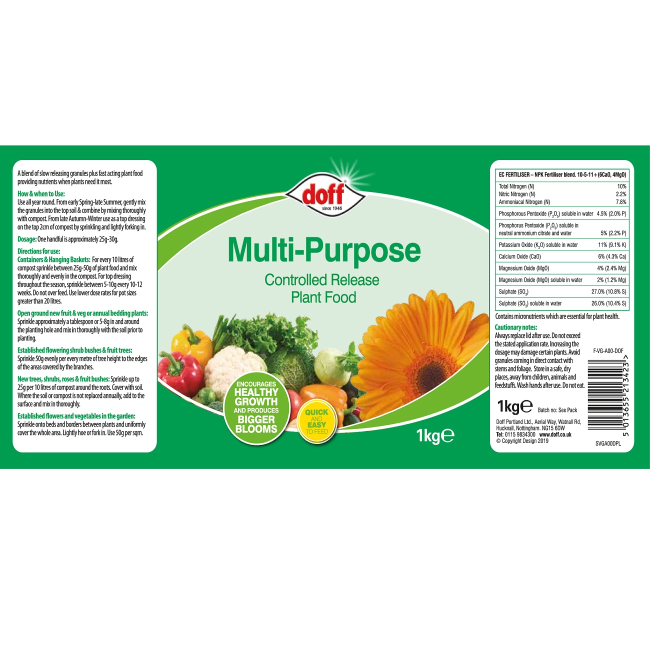 Doff Multi-Purpose Controlled Release Plant Food packaging with images of vegetables and a sunflower, 1kg.