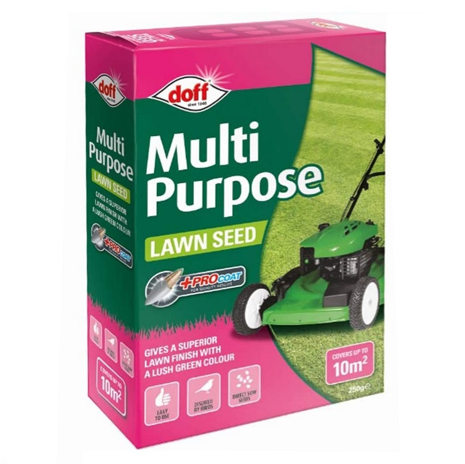 Box of Doff Multi-Purpose Lawn Seed Procoat with a green lawn and lawnmower image.