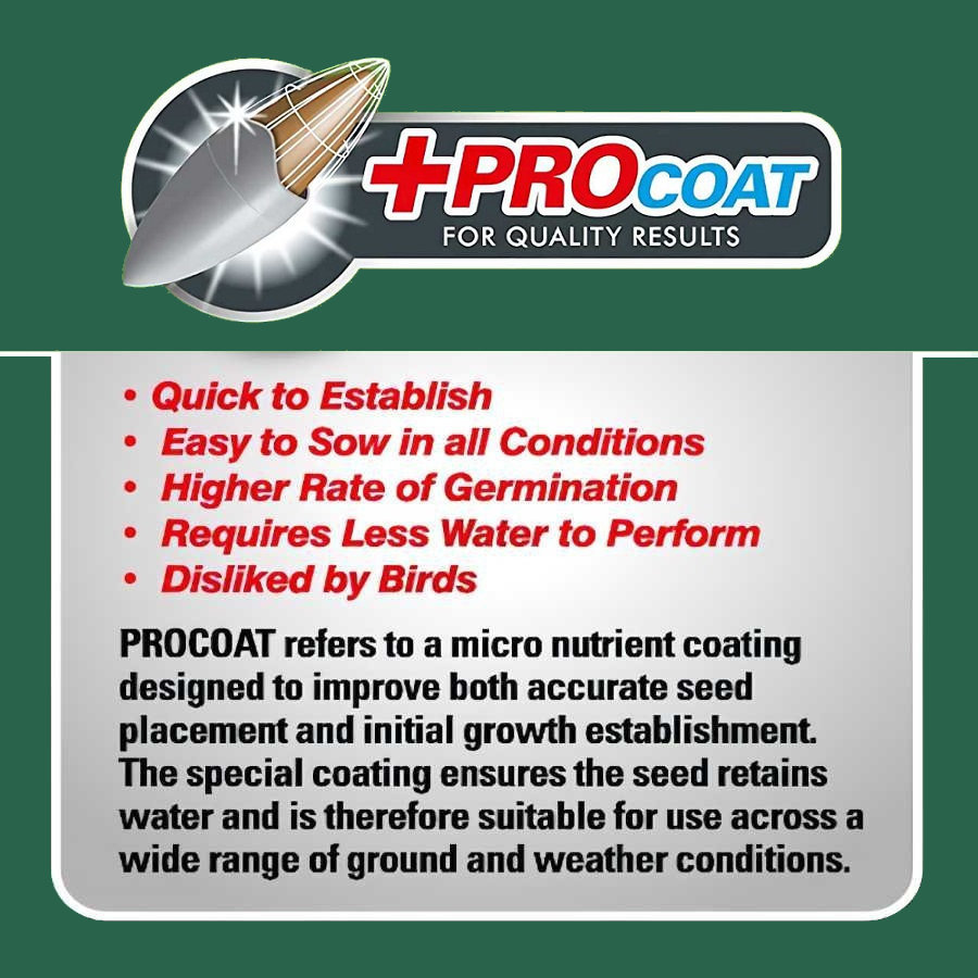 Showing features of Doff Multi-Purpose Lawn Seed Procoat, including quick establishment, easy sowing in all conditions, higher germination rate, less water requirement, and bird resistance.