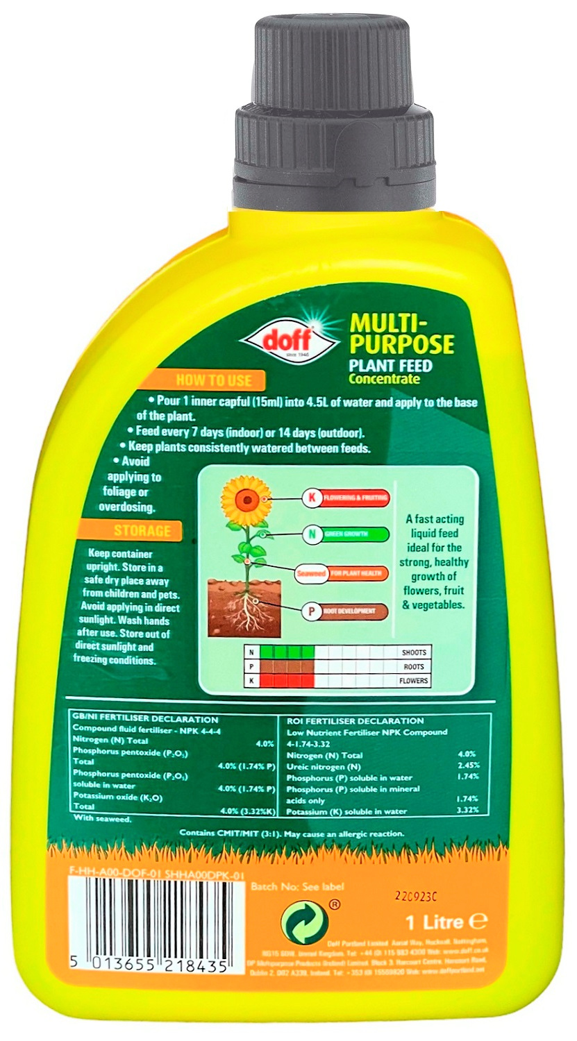 Bottle of Doff Multi-Purpose Plant Food for Flowers and Vegetables, 1 Litre, with instructions and nutrient information on the label.