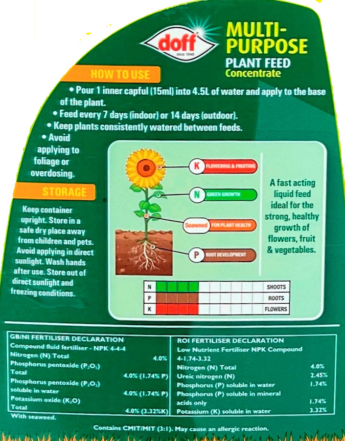 Label of Doff Multi-Purpose Plant Food showing instructions for use, storage advice, and nutrient information.
