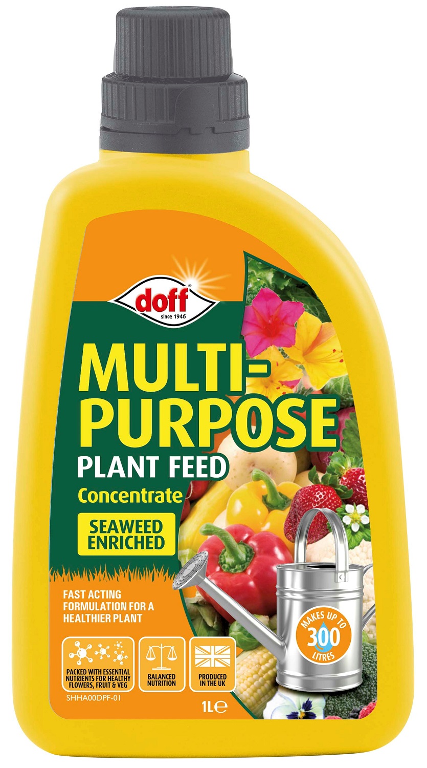 Doff Multi-Purpose Plant Food bottle with images of flowers and vegetables on the label.