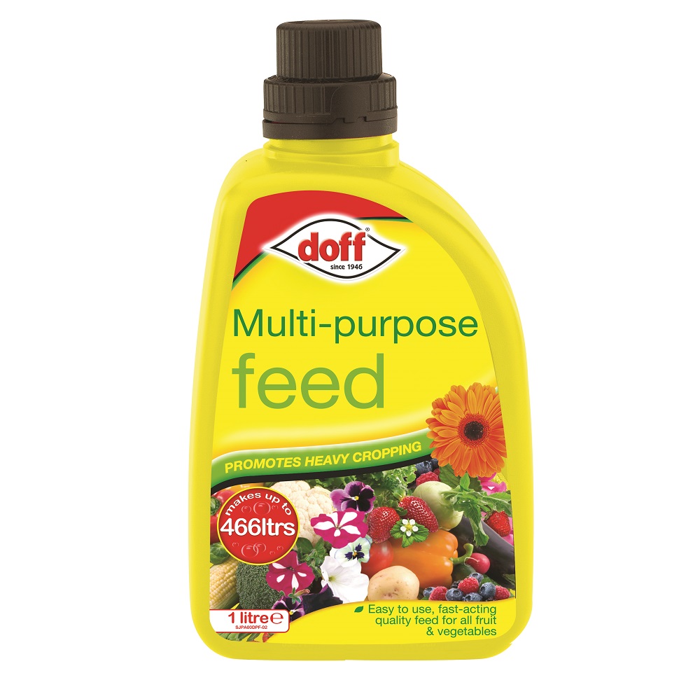 Doff Multi-Purpose Plant Feed 1L bottle with colourful fruits and flowers on the label.
