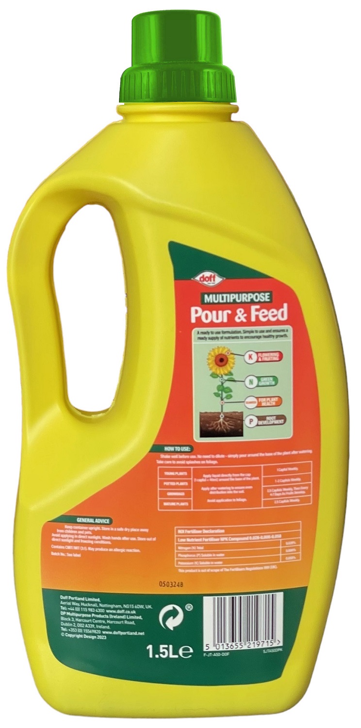 Doff Multi-Purpose Pour and Feed Plant Food bottle with green cap and colourful label.