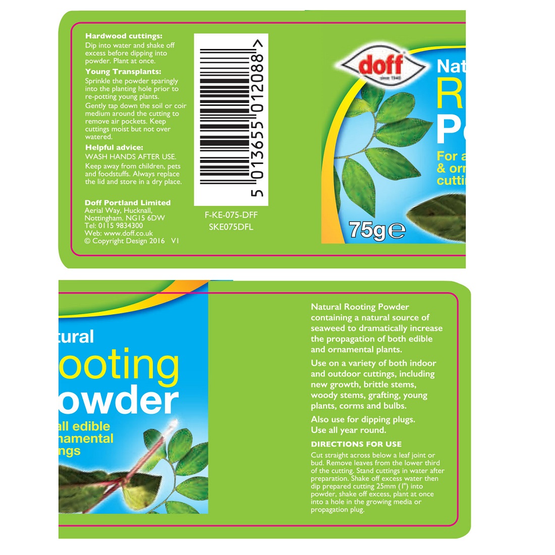 Doff Natural Plant Rooting Powder packaging with instructions and product details.